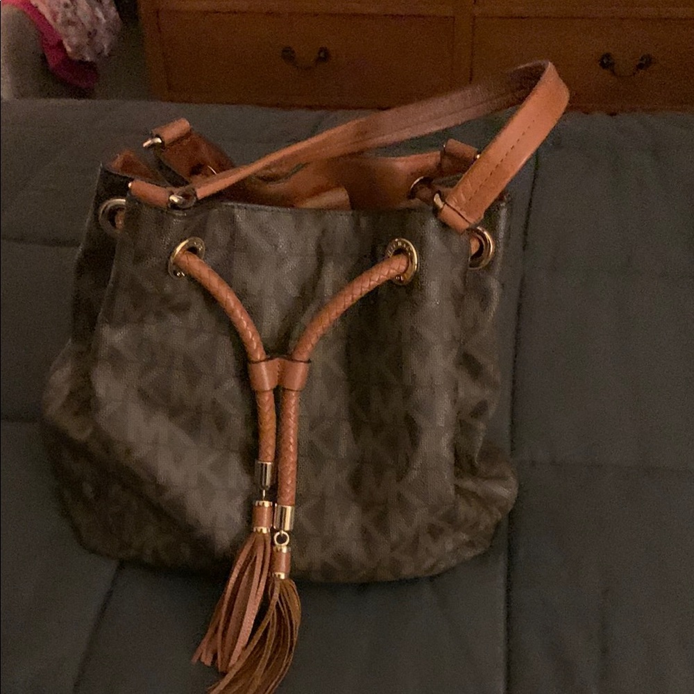 Michael Kors Brown and Tan Shoulder Bag with Monogram Print